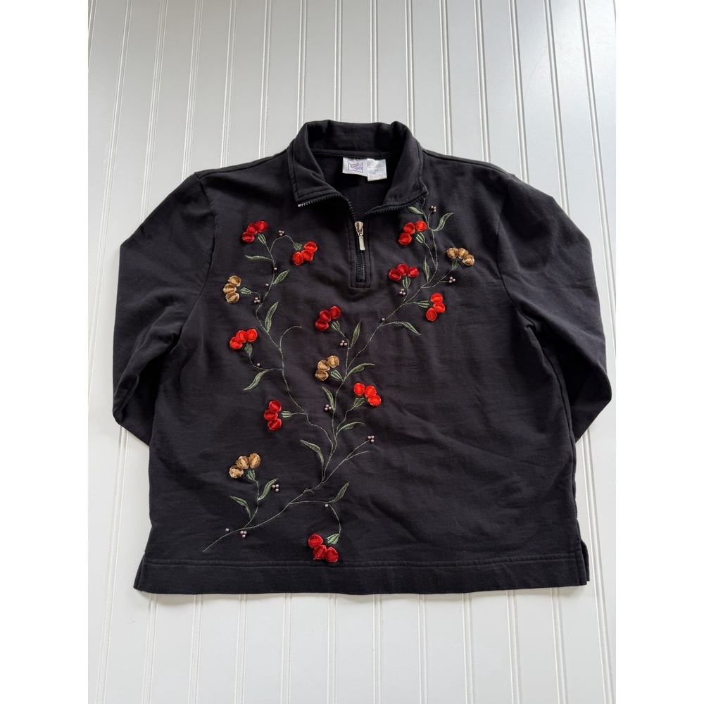 PB&J Womens M Black Floral Cottage Embroidered 1/4 Zip Sweatshirt Y2K